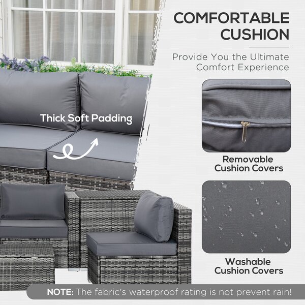 Outsunny 6PC Rattan Corner Sofa Set Wicker 4 Seater Garden Storage Coffee Table Conversation Ottoman Outdoor Weave Furniture w/ Cushion Aosom UK