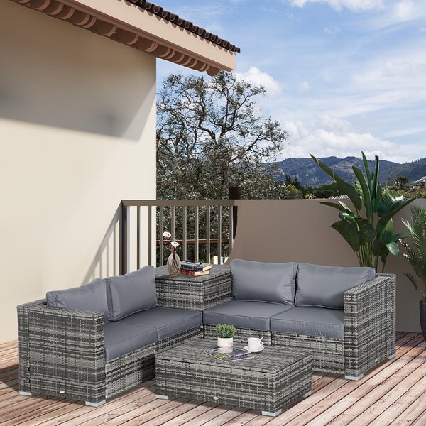 Outsunny 6PC Rattan Corner Sofa Set Wicker 4 Seater Garden Storage Coffee Table Conversation Ottoman Outdoor Weave Furniture w/ Cushion Aosom UK