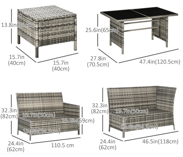 Outsunny 8-Seater Patio Furniture Set, Rattan Sofa Set with Cushioned Chairs and Glass Table Aosom UK