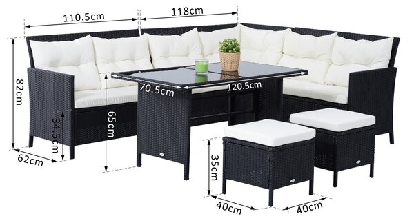 Outsunny 8-Seater Patio Furniture Set, Rattan Corner Dining Set with Wicker Coffee Table and Foot Stool, Black Aosom UK