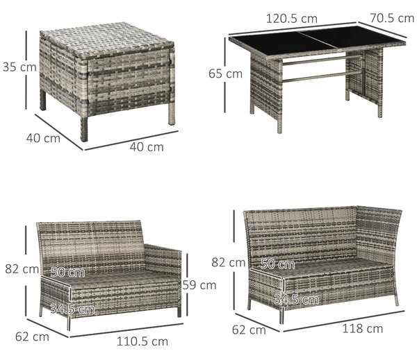 Outsunny 7-Seater Patio wicker Sofa Set Rattan Chair Furniture w/ Glass & Cushioned, Orange