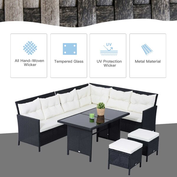 Outsunny 8-Seater Patio Furniture Set, Rattan Corner Dining Set with Wicker Coffee Table and Foot Stool, Black Aosom UK