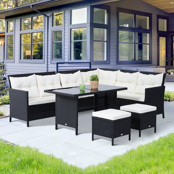 Outsunny 8-Seater Patio Furniture Set, Rattan Corner Dining Set with Wicker Coffee Table and Foot Stool, Black Aosom UK