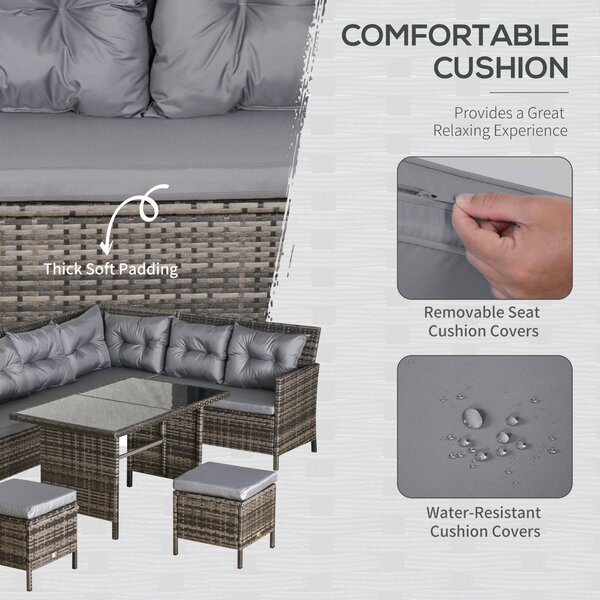 Outsunny 8 Seater Rattan Sofa Set with Thick Cushions, Rattan Garden Furniture Set with Tempered Glass Table and 2 Foot Stool, Grey Aosom UK