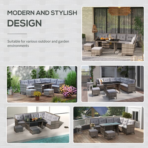 Outsunny 8 Seater Rattan Sofa Set with Thick Cushions, Rattan Garden Furniture Set with Tempered Glass Table and 2 Foot Stool, Grey Aosom UK