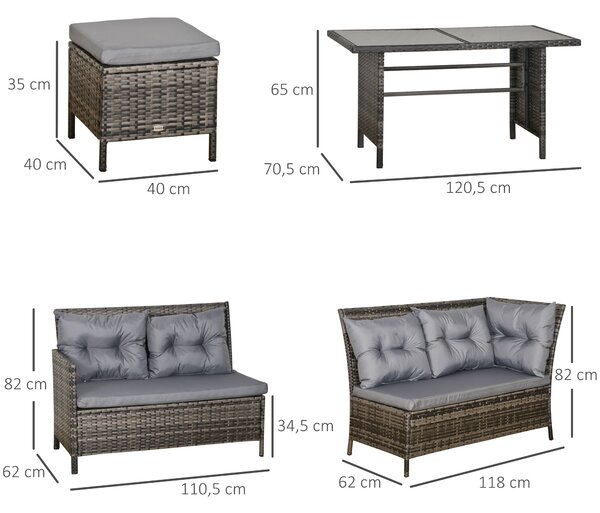 Outsunny 8 Seater Rattan Sofa Set with Thick Cushions, Rattan Garden Furniture Set with Tempered Glass Table and 2 Foot Stool, Grey Aosom UK