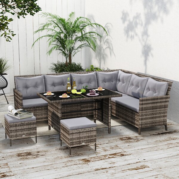 Outsunny 8 Seater Rattan Sofa Set with Thick Cushions, Rattan Garden Furniture Set with Tempered Glass Table and 2 Foot Stool, Grey Aosom UK