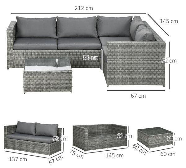 Outsunny 3 Pieces Rattan Garden Furniture 4 Seater Outdoor Patio Corner Sofa Chair Set with Coffee Table Thick Cushions Grey