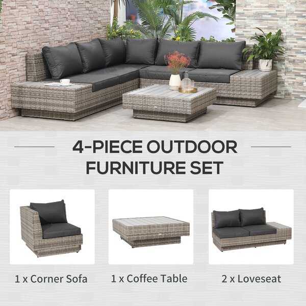 Outsunny 5-Seater Rattan Garden Furniture Outdoor Sectional Corner Sofa and Coffee Table Set Conservatory Wicker Weave w/ Armrest Cushions, Light Grey Aosom UK