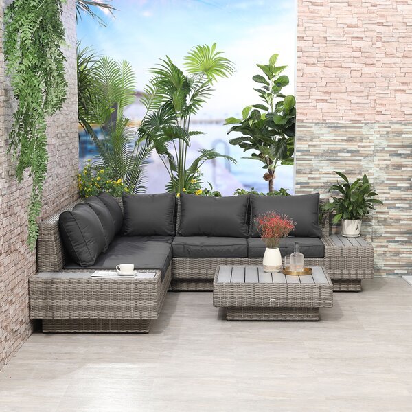 Outsunny 5-Seater Rattan Garden Furniture Outdoor Sectional Corner Sofa and Coffee Table Set Conservatory Wicker Weave w/ Armrest Cushions, Light Grey Aosom UK