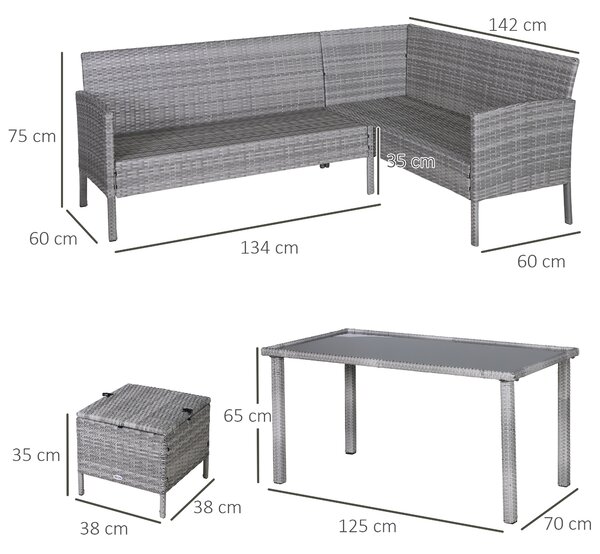 Outsunny 6-Seater Garden Outdoor Patio Rattan Corner Dining Set Wicker Sofa, Foot Stool, Dining Table with White Cushions, Mixed Grey Aosom UK