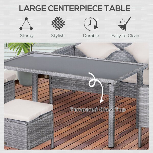 Outsunny 6-Seater Garden Outdoor Patio Rattan Corner Dining Set Wicker Sofa, Foot Stool, Dining Table with White Cushions, Mixed Grey Aosom UK