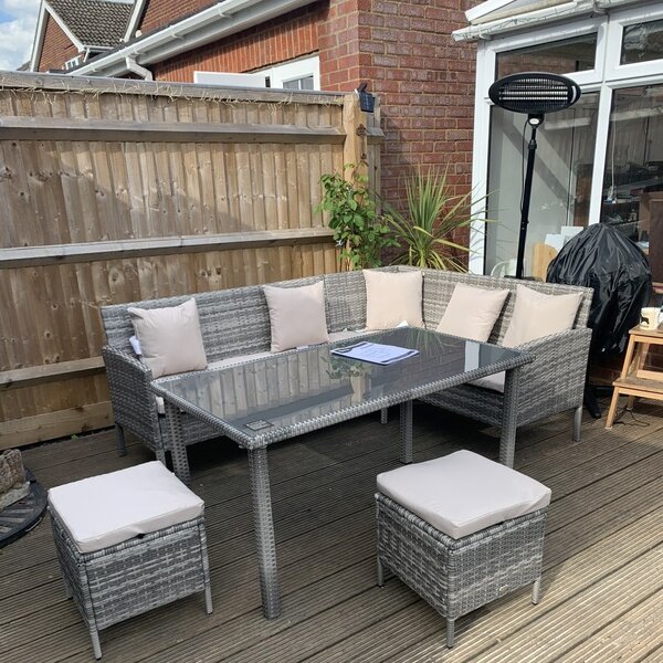 Outsunny 6-Seater Garden Outdoor Patio Rattan Corner Dining Set Wicker Sofa, Foot Stool, Dining Table with White Cushions, Mixed Grey Aosom UK
