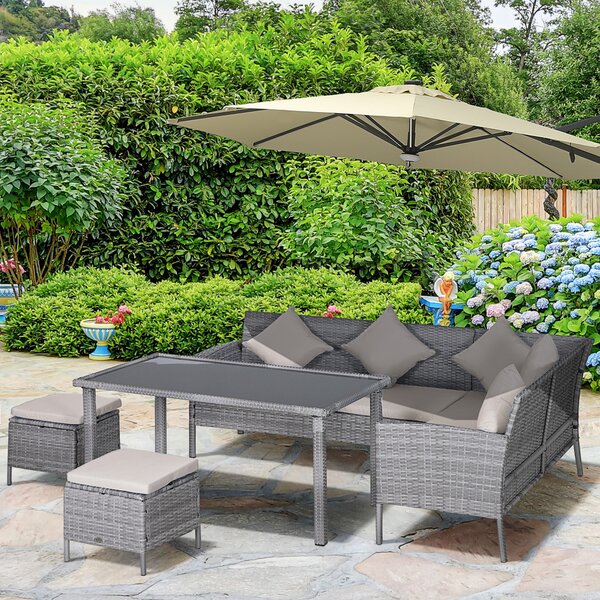 Outsunny 6-Seater Garden Outdoor Patio Rattan Corner Dining Set Wicker Sofa, Foot Stool, Dining Table with White Cushions, Mixed Grey Aosom UK