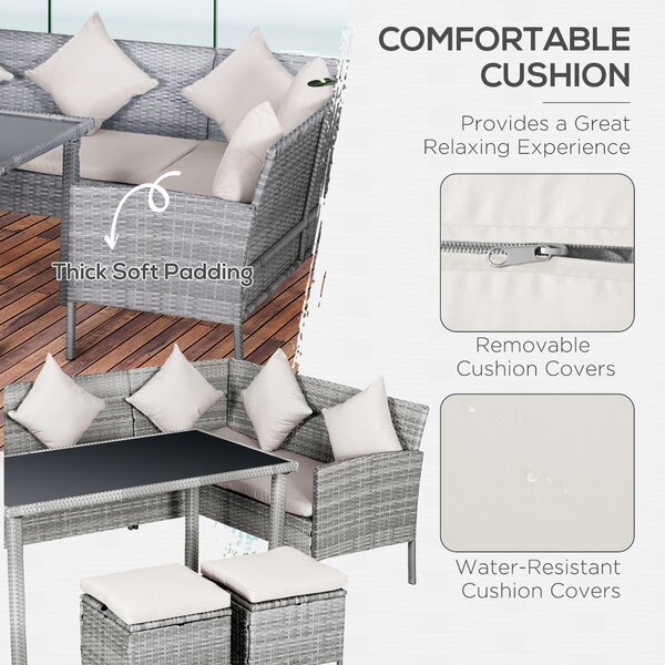 Outsunny 6-Seater Garden Outdoor Patio Rattan Corner Dining Set Wicker Sofa, Foot Stool, Dining Table with White Cushions, Mixed Grey Aosom UK
