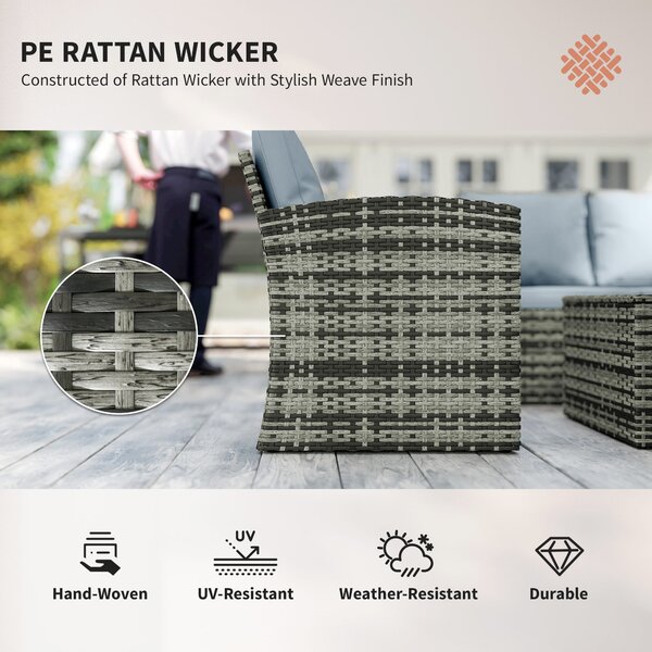 Outsunny 6 Pieces Rattan Garden Furniture Set, 7 Seater Wicker Outdoor Furniture Set with Storage Tea Table & Side Table, Grey