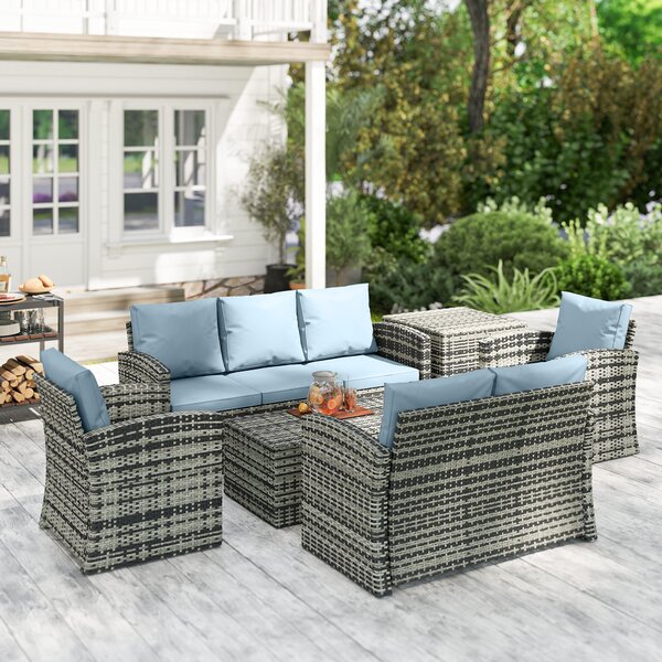 Outsunny 6 Pieces Rattan Garden Furniture Set, 7 Seater Wicker Outdoor Furniture Set with Storage Tea Table & Side Table, Grey