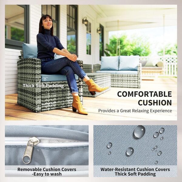 Outsunny 6 Pieces Rattan Garden Furniture Set, 7 Seater Wicker Outdoor Furniture Set with Storage Tea Table & Side Table, Grey