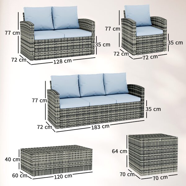 Outsunny 6 Pieces Rattan Garden Furniture Set, 7 Seater Wicker Outdoor Furniture Set with Storage Tea Table & Side Table, Grey