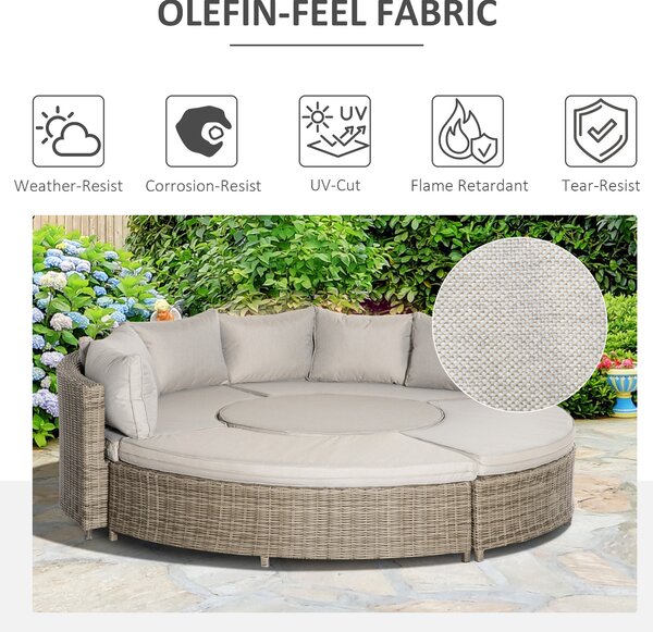 Outsunny 6-Seater Outdoor PE Rattan Patio Furniture Set Lounge Chair Round Daybed Liftable Coffee Table Conversation Set w/ Olefin Cushion, Grey