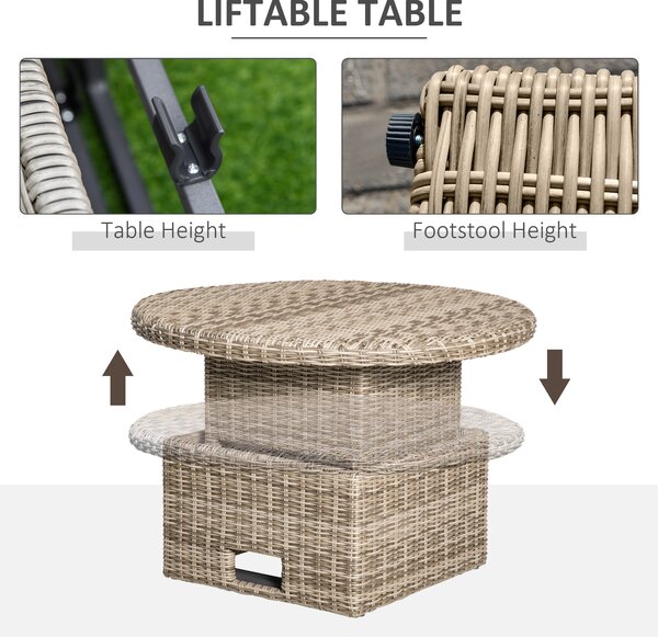 Outsunny 6-Seater Outdoor PE Rattan Patio Furniture Set Lounge Chair Round Daybed Liftable Coffee Table Conversation Set w/ Olefin Cushion, Grey