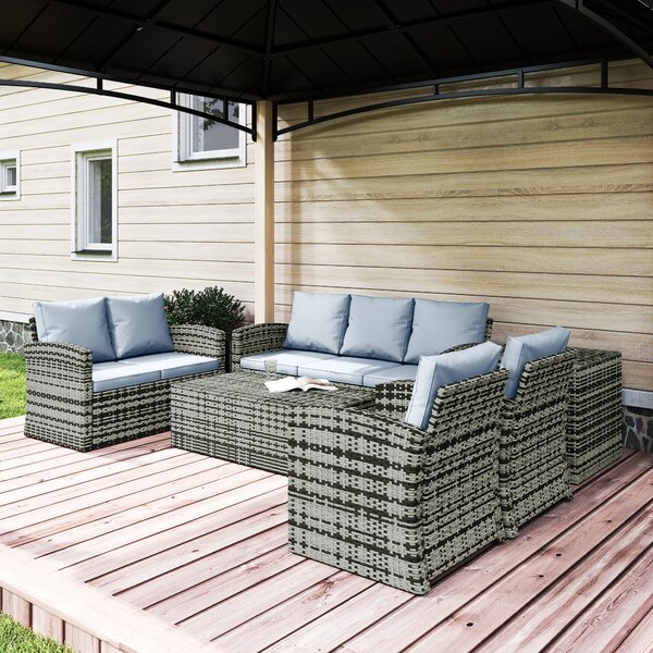Outsunny 6 Pieces Rattan Garden Furniture Set, 7 Seater Wicker Outdoor Furniture Set with Storage Tea Table & Side Table, Grey