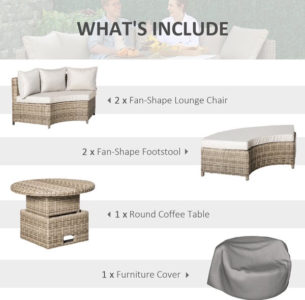 Outsunny 6-Seater Outdoor PE Rattan Patio Furniture Set Lounge Chair Round Daybed Liftable Coffee Table Conversation Set w/ Olefin Cushion, Grey