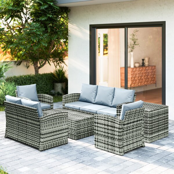 Outsunny 6 Pieces Rattan Garden Furniture Set, 7 Seater Wicker Outdoor Furniture Set with Storage Tea Table & Side Table, Grey