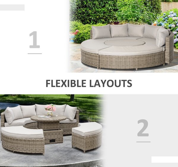 Outsunny 6-Seater Outdoor PE Rattan Patio Furniture Set Lounge Chair Round Daybed Liftable Coffee Table Conversation Set w/ Olefin Cushion, Grey