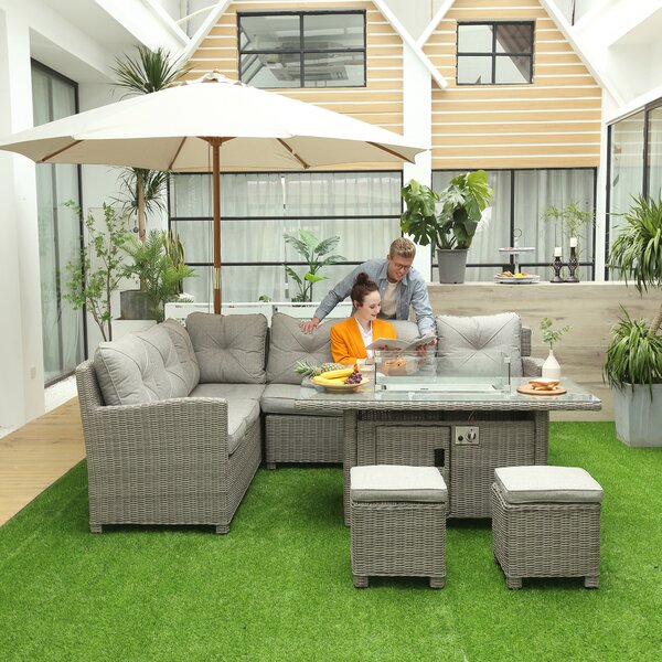 Outsunny 8-Seater Outdoor PE Rattan Sofa Set Conversation Set w/ Fire Pit Table, L-Shape Sofa, Footstool, Olefin Cushions and Furniture Cover