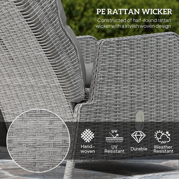 Outsunny 5 Pieces Rattan Bistro Set with Adjustable Back, Reclining Wicker Balcony Furniture with Cushions, Glass Top Coffee Table, Light Grey