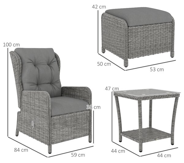 Outsunny 5 Pieces Rattan Bistro Set with Adjustable Back, Reclining Wicker Balcony Furniture with Cushions, Glass Top Coffee Table, Light Grey