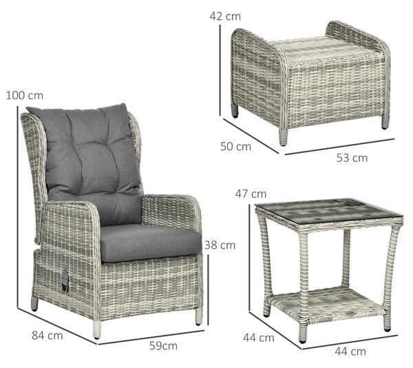 Outsunny 5 Pieces PE Rattan Sun Lounger Set, Outdoor Half-round Wicker Recliner Sofa Bed with Glass Top Two-tier Table and Footstools, Mixed Grey