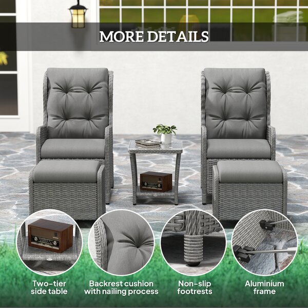 Outsunny 5 Pieces Rattan Bistro Set with Adjustable Back, Reclining Wicker Balcony Furniture with Cushions, Glass Top Coffee Table, Light Grey
