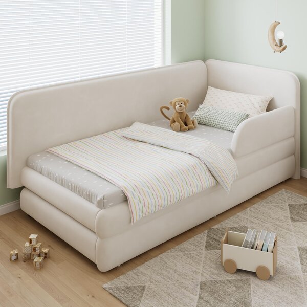 Upholstered 3ft Single Bed with Drawer and Fitted Side Rails, Velvet Upholstery Daybed for Compact Room, 205.5L x 80W x 98H cm, Beige Aosom UK