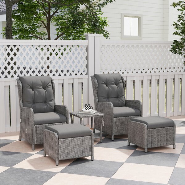 Outsunny 5 Pieces Rattan Bistro Set with Adjustable Back, Reclining Wicker Balcony Furniture with Cushions, Glass Top Coffee Table, Light Grey