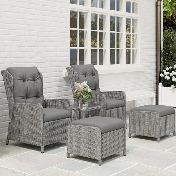 Outsunny 5 Pieces Rattan Bistro Set with Adjustable Back, Reclining Wicker Balcony Furniture with Cushions, Glass Top Coffee Table, Light Grey
