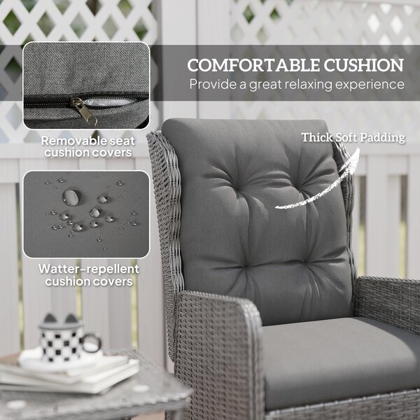 Outsunny 5 Pieces Rattan Bistro Set with Adjustable Back, Reclining Wicker Balcony Furniture with Cushions, Glass Top Coffee Table, Light Grey