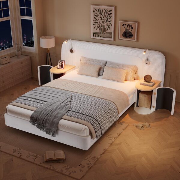 Upholstered 4ft6 Double Bed with Built‑in Bedside Reading Light, Bedside Table, Sleeper for Living Room, 205L x 91W x 200.5H cm, Beige Aosom UK