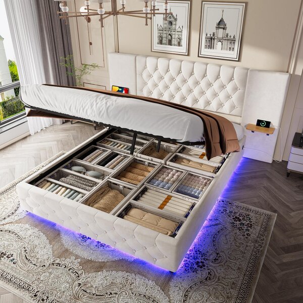 Modern Bed Frame with Wide Button-Tufted Headboard, Integrated LED Lighting, Bed Base with USB-C Ports, 209L x 221W x 103H cm, Beige Aosom UK
