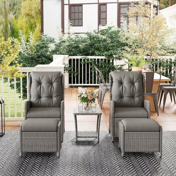Outsunny 5 Pieces Rattan Bistro Set with Adjustable Back, Reclining Wicker Balcony Furniture with Cushions, Glass Top Coffee Table, Light Grey