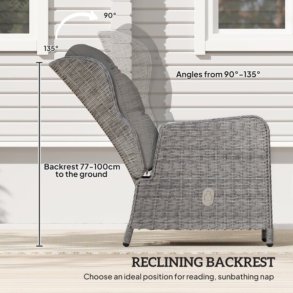 Outsunny 5 Pieces Rattan Bistro Set with Adjustable Back, Reclining Wicker Balcony Furniture with Cushions, Glass Top Coffee Table, Light Grey