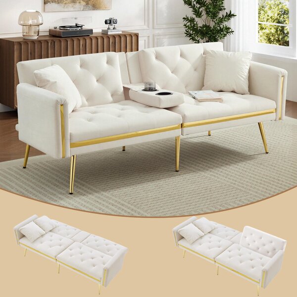 Two-seater Sofa Bed with 3-Position Adjustable Backrest, Concealed Cup Holders, Daybed for Compact Room, 174L x 76W x 71.5H cm, White Aosom UK