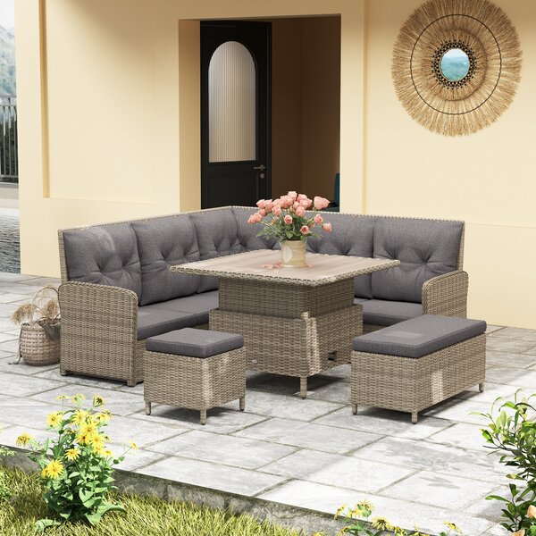 Outsunny 6 Pieces Outdoor PE Rattan Garden Furniture, Patio Wicker Sectional Conversation Corner Sofa w/ Liftable Coffee Table, Light Grey Aosom UK