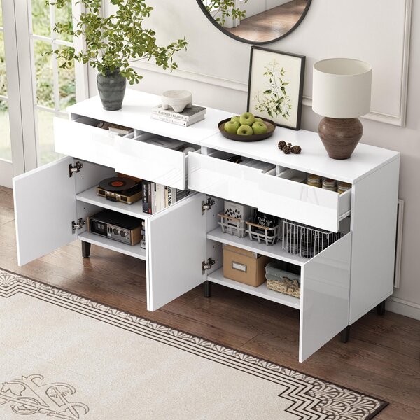 Storage Cabinet with High-goss 4-Door, 4-Drawer and Soft-close Hinges, Sideboard with Adjustable Shelves, 160L x 40W x 68H cm, White Aosom UK