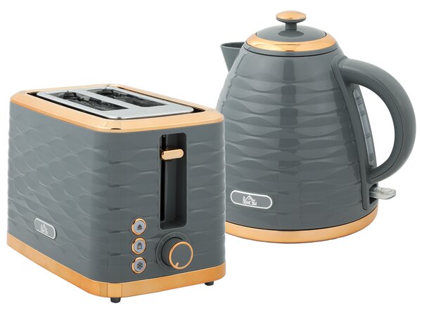 HOMCOM 3000W 1.7L Rapid Boil Kettle & 2 Slice Toaster, Kettle and Toaster Set with 7 Browning Controls and Crumb Tray, Grey