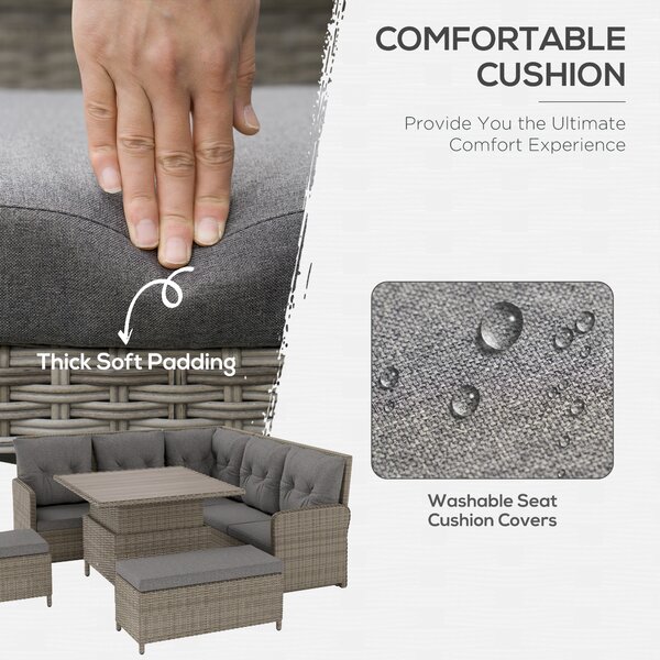 Outsunny 6 Pieces Outdoor PE Rattan Garden Furniture, Patio Wicker Sectional Conversation Corner Sofa w/ Liftable Coffee Table, Light Grey Aosom UK