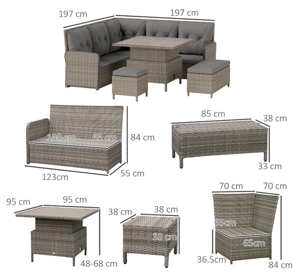 Outsunny 6 Pieces Outdoor PE Rattan Garden Furniture, Patio Wicker Sectional Conversation Corner Sofa w/ Liftable Coffee Table, Light Grey Aosom UK