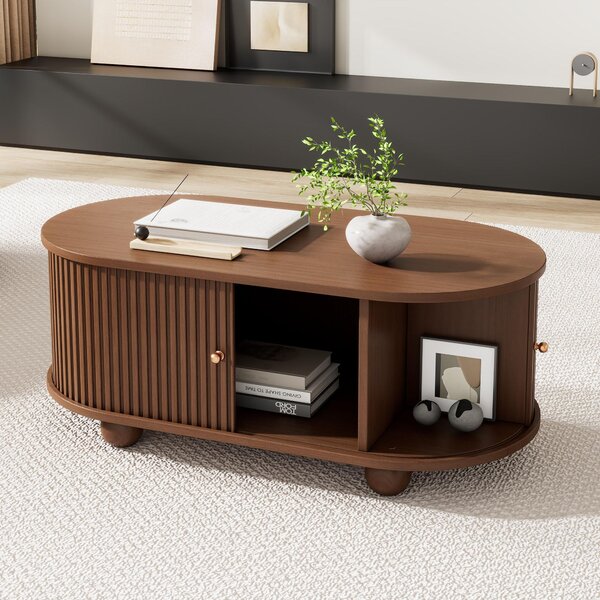 Oval Coffee Table with 2 Sliding Doors, Centre Compartment, Rounded Corners, Desk with Fingerprint‑resistant MDF, 100L x 50W x 40H cm, Oak Aosom UK