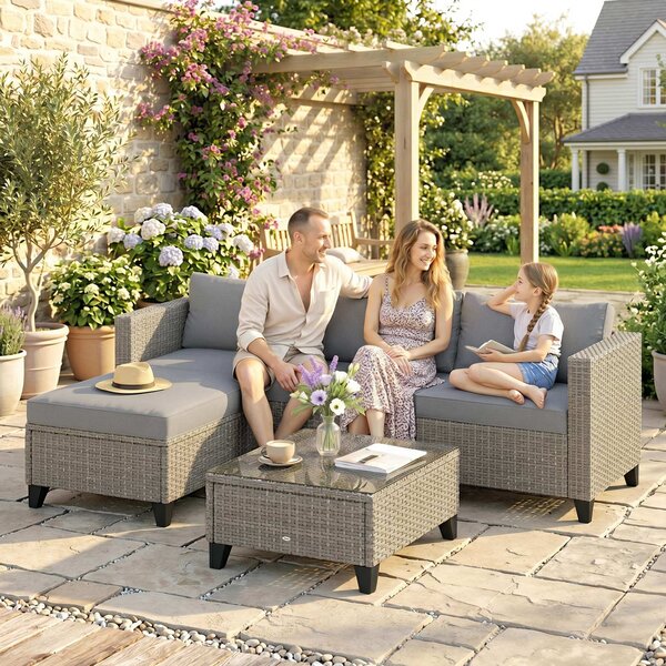 Outsunny 5-Piece Rattan Patio Furniture Set with Corner Sofa, Footstools, Coffee Table, for Poolside, Brown